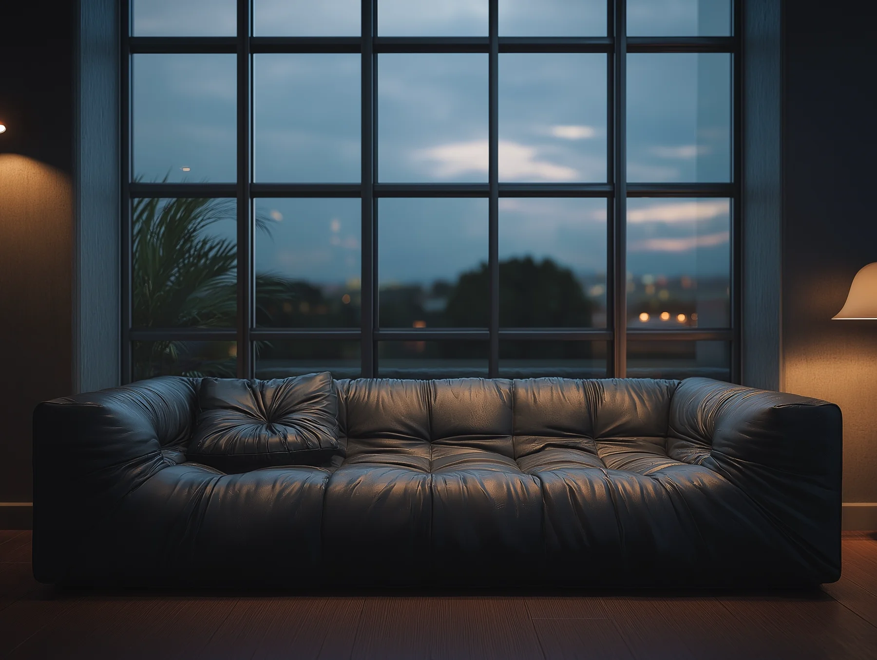 A quiet therapy room — a deep leather couch beside a wide window at dusk